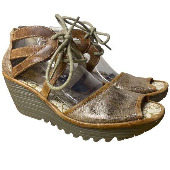 Fly London Yafi Lace Up Leather Wedge Sandals Brown Tan Sz 41 (EU) - Picture 1 of 9